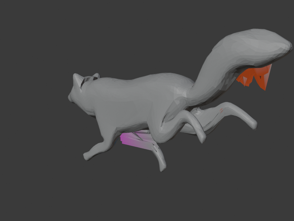 A running fox rig with broken skin-weight regions highlighted in magenta and orange