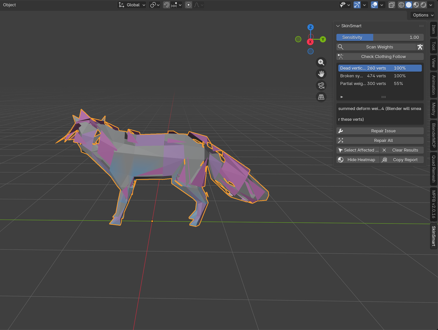 A SkinSmart development panel in Blender showing a ranked issue list, experimental repair controls, and a heatmap-painted fox in the viewport